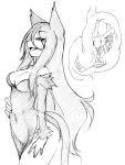  2girls animal_ears breasts camel_(dansen) cat_ears cat_tail cleavage dress female inside_creature long_hair minigirl monochrome multiple_girls navel neko_majo open_mouth original size_difference strapless tail tailor_(camel) vore 