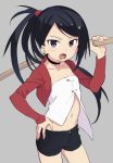  1girl :o aki_poi bangs black_hair black_shorts blush commentary_request cropped_jacket fingernails grey_background hand_on_hip hand_up holding jacket long_hair navel open_clothes open_jacket open_mouth original ponytail red_eyes red_jacket safety_pin short_shorts shorts simple_background solo strapless v-shaped_eyebrows very_long_hair 