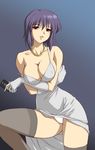  bare_shoulders breast_hold breasts cleavage collarbone covered_nipples curvy dress elbow_gloves evening_gown ghost_in_the_shell ghost_in_the_shell_stand_alone_complex gloves jewelry kuroda_akimi kusanagi_motoko large_breasts leg_up legs lipstick makeup necklace panties purple_hair red_eyes short_hair solo strap_slip thighhighs thighs underwear white_panties 