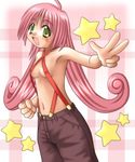  :d armpits blush breasts copyright_request covered_nipples curly_hair green_eyes long_hair looking_at_viewer mishiki_sakana naked_suspenders navel open_mouth pants pink_background pink_hair revealing_clothes small_breasts smile solo star suspenders topless underboob v 