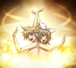 1girl ar_tonelico ar_tonelico_ii back-to-back bad_id bad_pixiv_id blonde_hair blue_eyes brother_and_sister hair_ornament hairclip headphones kagamine_len kagamine_rin nude parody short_hair siblings synchronity_chain terumii twins vocaloid 