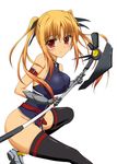 axe bardiche blonde_hair blush breasts fate_testarossa gauntlets large_breasts long_hair lyrical_nanoha mahou_shoujo_lyrical_nanoha_strikers red_eyes solo staff taana thighhighs twintails weapon 