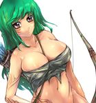  arrow bad_id bad_pixiv_id bare_shoulders bow_(weapon) breasts brown_eyes cleavage green_hair huge_breasts long_hair original quiver solo suoni_(deeperocean) tattoo weapon 