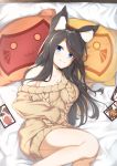 1girl absurdres animal_ear_fluff animal_ears azur_lane bare_shoulders bed black_hair blue_eyes breasts cat_ears cleavage collarbone commentary_request fusou_(azur_lane) hanafuda highres kimidori3_karla long_hair long_sleeves looking_at_viewer lying on_bed pillow ribbed_sweater smile solo sweater very_long_hair 
