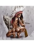  black_hair dark_skin headdress muscle native_american native_american_headdress solo squatting topless warbonnet wolf 