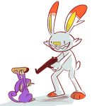  food gun hot_dog lagomorph mammal max_(sam_&amp;_max) nintendo pok&eacute;mon pok&eacute;mon_(species) ranged_weapon rat rattata rodent sam_&amp;_max scorbunny shadow simple_background smile velvetyf video_games weapon white_background 