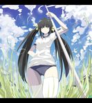  bad_id bad_pixiv_id black_hair buruma cloud day flower grass gym_uniform letterboxed long_hair nauribon original sky solo thighhighs twintails 