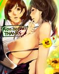  areolae bad_id bad_pixiv_id blush breasts brown_eyes brown_hair cevoy copyright_request hits huge_breasts long_hair multiple_girls nipples puffy_nipples short_hair torn_clothes 