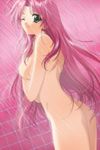  ass bath breasts game_cg green_eyes kikuchi_seiji kiyosato_otomi lipstick_adventure_4 long_hair medium_breasts nipples nude one_eye_closed pink pink_background pink_hair showering solo 