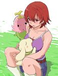  angry artist_request belt between_breasts blush boots breasts camisole cleavage denim denim_shorts digimon digimon_savers fujieda_yoshino grass lalamon medium_breasts plotmon red_eyes red_hair short_hair shorts sitting 