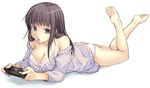  akari_maki ass barefoot blue_eyes bra breasts brown_hair cleavage copyright_request feet handheld_game_console hands large_breasts legs_up lingerie lips long_hair lying no_pants on_stomach open_mouth panties playing_games playstation_portable shirt_slip solo sweater the_pose underwear video_game white_bra white_panties 