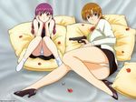  artist_request blue_eyes brown_hair gun high_heels hiiragi_najica lila_(najica) long_legs miniskirt multiple_girls najica_dengeki_sakusen orange_eyes panties pantyshot pantyshot_(sitting) pencil_skirt purple_hair shoes sitting skirt twintails underwear weapon 