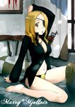  bed blonde_hair breasts cleavage dress_shirt eyepatch jewelry long_hair marie_mjolnir medium_breasts nail navel necklace no_pants panties plantar_flexion popped_collar sakura_kotetsu shirt sitting solo soul_eater stretch underwear window yellow_eyes 