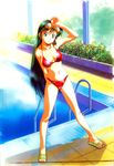  arm_behind_back arm_up bare_shoulders bikini blue_eyes breasts cameltoe choudenji_robo_combattler_v cleavage collarbone flower goggles goggles_on_head green_hair highres kawarajima_kou long_hair medium_breasts nanbara_chizuru navel pool pool_ladder poolside red_bikini sandals scan solo spread_legs standing swimsuit very_long_hair water 