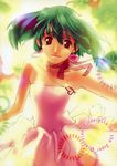  absurdres ahoge artist_request bare_arms bare_shoulders dress green_hair heart heart_necklace highres looking_at_viewer macross macross_frontier pink_dress ranka_lee red_eyes scan solo strapless strapless_dress 