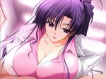  breast_press breasts choco_chip cleavage covered_nipples earrings game_cg huge_breasts jewelry labcoat lips lipstick makeup nurse_ni_omakase ponytail purple_eyes purple_hair solo sumeragi_sayaka 