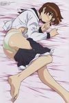  absurdres ass bad_id bad_yandere_id barefoot bed blush bra brown_eyes brown_hair feet girls_bravo highres kojima_kirie lingerie lying megami midriff open_clothes open_shirt panties school_uniform shirt short_hair skirt solo sugimoto_sachiko underwear undressing zipper 