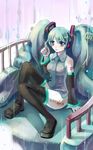  boots bottomless breasts detached_sleeves green_eyes green_hair hair_twirling hatsune_miku headphones highres long_hair medium_breasts microphone necktie otosume_ruiko solo thigh_boots thighhighs twintails vocaloid 