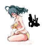  ahoge barefoot bikini eyepatch from_side indian_style july13th medium_hair otomedius simple_background sitting sketch solo swimsuit tita_nium twintails white_background yellow_bikini 