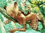  against_tree animal_ears between_breasts blonde_hair breasts cat_ears cellphone dark_skin fur hair_over_one_eye in_tree jungle large_breasts monster_girl nature nude okojo original paws phone scar short_hair solo tail tree yellow_eyes 