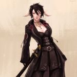  1girl au_ra bangs black_hair breasts cleavage dragon_horns facing_viewer final_fantasy final_fantasy_xiv hair_between_eyes highres horns jacket jewelry leyu medium_breasts necklace open_clothes open_jacket pale_skin short_hair signature solo standing sword weapon yellow_eyes 