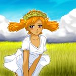  2ch.ru artist_request blush breasts cleavage collarbone day dress dvach-tan field grass looking_at_viewer medium_breasts orange_hair outdoors red_eyes russian short_sleeves smile solo soviet twintails white_dress 
