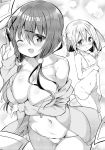  2girls :o ;d bangs bikini bikini_bottom blush breasts cleavage collarbone commentary_request eyebrows_visible_through_hair fingernails flower greyscale groin hair_between_eyes hair_flower hair_ornament hairclip heart heart-shaped_pupils highres holding holding_stylus hood hood_down hooded_jacket jacket kurou_(quadruple_zero) large_breasts long_hair long_sleeves looking_at_viewer low_twintails mole mole_on_breast mole_under_eye monochrome multiple_girls navel nose_blush off_shoulder one_eye_closed open_clothes open_jacket open_mouth original parted_lips side-tie_bikini sleeves_past_wrists small_breasts smile stylus swimsuit symbol-shaped_pupils twintails untied untied_bikini x_hair_ornament 