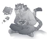  anthro barefoot clothed clothing eyewear fangs felid fur glasses greyscale gutter_tongue hoodie male mammal monochrome nergigante pantherine pants playstation playstation_4 sabertooth_(feature) solo sony striped_fur stripes tiger video_games 