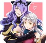  2girls armor bangle bare_shoulders black_armor black_gloves blue_scarf bracelet breasts camilla_(fire_emblem_if) cleavage dress elbow_gloves fingerless_gloves fire_emblem fire_emblem:_akatsuki_no_megami fire_emblem_heroes fire_emblem_if gloves hair_over_one_eye hair_ribbon half_updo heart jewelry large_breasts lips long_hair micaiah multiple_girls nintendo pink_background purple_eyes purple_hair rem_sora410 ribbon scarf sleeveless sleeveless_dress tiara twitter_username upper_body very_long_hair wavy_hair yellow_eyes 