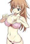  blue_eyes bra breasts brown_hair brushing_teeth caryo charlotte_e_yeager cleavage curvy groin large_breasts lingerie long_hair nanashino panties saliva sexually_suggestive solo strike_witches toothbrush underwear underwear_only world_witches_series 