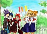  5girls bag blonde_hair blue_hair dvach-tan flag huyase iichan.ru mithgirl multiple_girls necktie orange_hair purple_hair red_hair school_bag school_uniform skirt slavya-chan soviet soviet_pioneer unyl-chan ussr-tan 