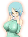  bare_shoulders blue_hair breasts detached_sleeves glasses hair_ornament hairclip huge_breasts impossible_clothes impossible_shirt original shirt short_hair shuz_(dodidu) smile solo yellow_eyes 