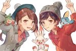  1boy 1girl beanie beret blush brown_eyes brown_hair creatures_(company) female_protagonist_(pokemon_swsh) game_freak gen_8_pokemon green_hat grey_hat grey_sweater grookey hat leaning_in male_protagonist_(pokemon_swsh) nintendo pokemon pokemon_(game) pokemon_swsh polo_shirt red_shirt scorbunny shirt short_hair simple_background sketch smile sobble sweater syerii v white_background 