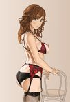  ass bad_id bad_pixiv_id blush bra breasts brown_eyes brown_hair chair copyright_request cupless_bra curly_hair garter_belt jewelry large_breasts lingerie long_hair mimizou necklace nippleless_clothes nipples panties simple_background solo thighhighs underwear underwear_only 