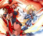  2girls ahoge aliasing angel angel_wings ass battle blonde_hair breasts character_request cross fire halo large_breasts magic:_the_gathering magic_the_gathering multiple_girls one_eye_closed orange_hair sword tan weapon wildfire_emissary wings yone88 yonezuka_ryou 