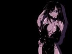  amei_sumeru black_hair breasts center_opening cleavage highres large_breasts one_eye_closed original pelvic_curtain purple_eyes solo wallpaper 