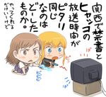  biribiri blonde_hair blue_eyes brown_eyes brown_hair chibi controller crossover denden electricity hyakko kageyama_torako misaka_mikoto multiple_girls remote_control sweat television to_aru_majutsu_no_index translated 