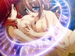  2girls blue_eyes blush breast_sucking breasts brown_hair censored emily_(artist) emily_(pure_dream) fingering large_breasts long_hair multiple_girls nipples nude pussy pussy_juice red_eyes red_hair saliva source_request sweat yuri 