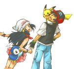  1girl artist_request beanie black_eyes black_hair blue_hair gen_1_pokemon gen_4_pokemon gloves hat hikari_(pokemon) long_hair looking_back pikachu piplup pokemon pokemon_(anime) pokemon_(creature) poketch red_scarf satoshi_(pokemon) scarf simple_background skirt watch white_background wristwatch 