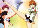  artist_request ass blue_eyes brown_hair hiiragi_najica kicking leg_lift lila_(najica) long_legs miniskirt multiple_girls najica_dengeki_sakusen orange_eyes panties pantyshot pencil_skirt purple_hair skirt twintails underwear 