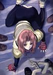  all_fours ass black_legwear chain collar copyright_request fingerless_gloves full_body gloves leash non-web_source pink_hair short_hair solo spandex takahama_tarou torn_clothes 