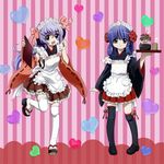  alternate_hairstyle apron bell blue_hair detached_sleeves furude_rika hanyuu heart higurashi_no_naku_koro_ni horns long_hair maebara_keiichi multiple_girls official_art purple_eyes purple_hair sakai_kyuuta striped striped_background thighhighs 