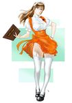  anna_miller copyright_request garter_belt glasses highres no_panties orange_skirt shinobu_(tyno) skirt solo thighhighs waitress wind wind_lift 