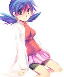  bike_shorts blue_eyes blue_hair crystal_(pokemon) jacket pokemon pokemon_special satoshi_nai simple_background sitting skirt smile solo twintails white_background 