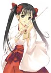  absurdres arrow black_eyes black_hair bow copyright_request dengeki_hime hair_bow hakama hamaya highres japanese_clothes long_hair miko red_hakama scan solo tanaka_takayuki twintails 