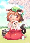  1girl :3 :p animal_ear_fluff animal_ears blanket blue_sky blurry blush bow brown_hair cat_ears cat_tail chen cherry_blossoms cloud commentary_request cup day depth_of_field eating food food_on_face food_on_finger frilled_skirt frills grass hat high_collar highres holding holding_food ibaraki_natou jewelry long_sleeves looking_at_viewer messy mob_cap mochen multiple_tails obentou onigiri outdoors petals picnic red_eyes red_skirt red_vest rice rice_on_face seiza shirt short_hair single_earring sitting skirt sky solo tail tongue tongue_out touhou tree_branch vest white_bow white_neckwear white_shirt 