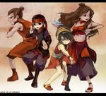  2girls aang armband artist_request avatar:_the_last_airbender avatar_(series) black_hair blind bracelet brown_hair element_bending hairband headband hydrokinesis jewelry katara long_hair magic midriff multiple_boys multiple_girls nickelodeon short_hair sokka toph_bei_fong topknot water 