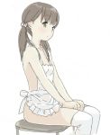  1girl apron bangs blush brown_eyes brown_hair closed_mouth eyebrows_visible_through_hair flower frilled_apron frills hair_flower hair_ornament hands_on_lap kokudou_juunigou long_hair looking_away naked_apron on_stool original over-kneehighs simple_background sitting solo stool thighhighs twintails white_apron white_background white_flower white_legwear 