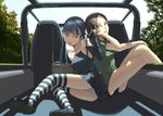  bad_id bad_pixiv_id bare_shoulders blue_hair brown_eyes brown_hair car car_interior copyright_request corded_phone detached_sleeves green_eyes ground_vehicle halterneck jeep long_hair motor_vehicle multiple_girls panties phone shorts sitting striped striped_legwear striped_panties thighhighs underwear yoneda_taishou 