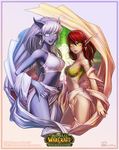  blood_elf blue_eyes blue_horns blue_skin cat_shi draenei horns long_hair midriff multiple_girls pointy_ears red_hair warcraft world_of_warcraft yellow_eyes 